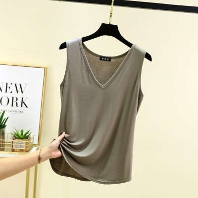莫代尔V领背心女夏季薄款大码宽松无袖上衣可外穿T恤休闲打底衫