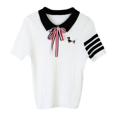 tb针织衫女短袖蝴蝶结刺绣小狗针织衫简约四条杠POLO领tb针织衫潮