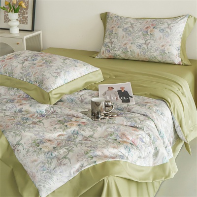 新款水洗真丝数码印花拼角夏被四件套清爽舒适夏凉被裸肤感空调被