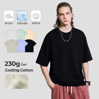 跨境230g冰感棉防晒UPF50+短袖t恤宽松夏季透气男装半袖T