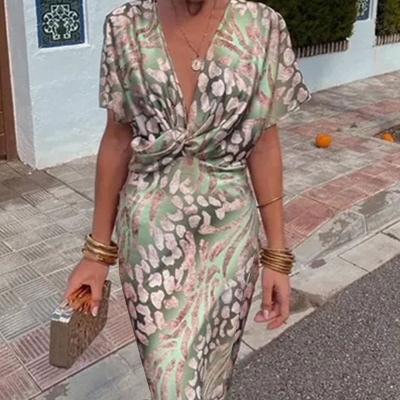 2025独立站欧美外贸女装时尚紧身印花扭结中腰性感V领春季连衣裙