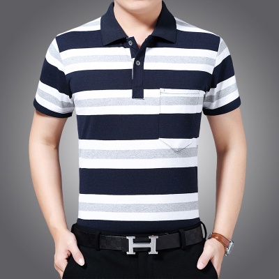 男士短袖T恤衫条纹翻领宽松休闲T恤商务休闲半袖T恤厂家直销