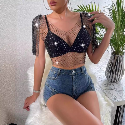 水钻性感渔网上衣欧美夏季亚马逊爆款网钻闪钻女装流苏披肩小背心