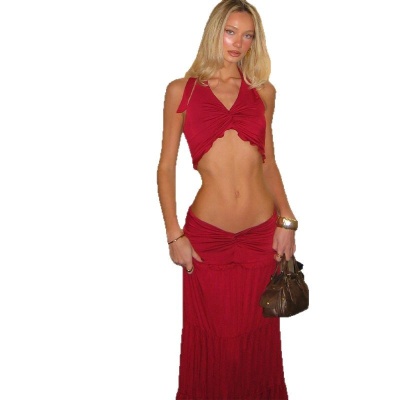 欧美女装2025春夏新款性感露脐压褶挂脖上衣时尚气质半身裙套装女