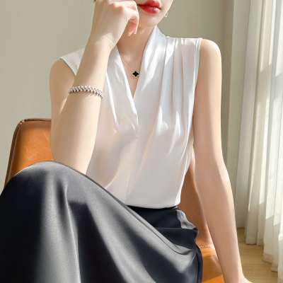 缎面仿真丝v领吊带背心女夏季西装内搭无袖衬衣挂脖纯色上衣批代