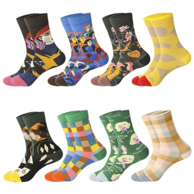 欧美油画袜子男中筒袜潮流时尚休闲棉袜户外滑板长筒袜诸暨女袜