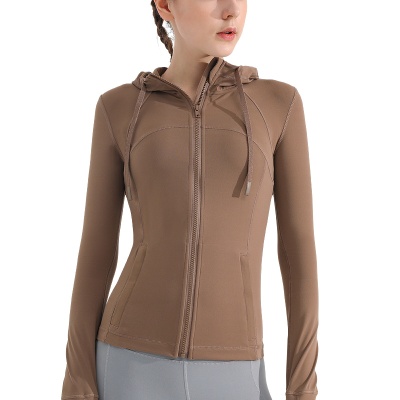 运动外套女上衣莱卡紧身高弹拉链跑步健身服透气连帽修身训练卫衣