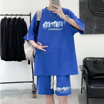 华夫格套装男生夏季青少年休闲运动装搭配帅气短裤男短袖两件套潮