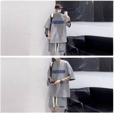 华夫格短袖短裤套装男夏季美式复古运动服大码男装搭配休闲两件套