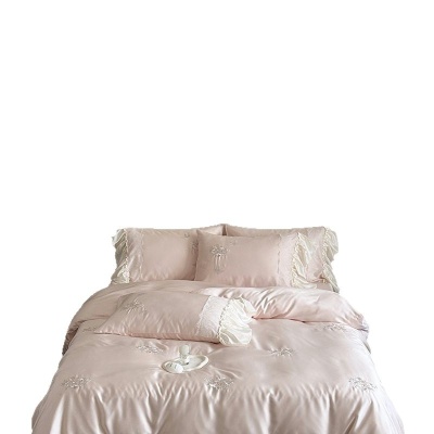 新款高端天丝四件套夏季浪漫粉色玫瑰花边冰凉感床笠被套床上用品