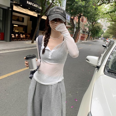 半开领微透坑条长袖t恤女2025春夏季新款修身显瘦内搭打底衫上衣
