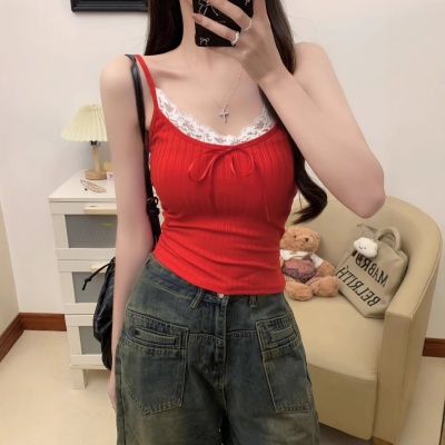 765#纯欲性感蕾丝拼接坑条吊带背心女带胸垫内搭修身显瘦打底衫