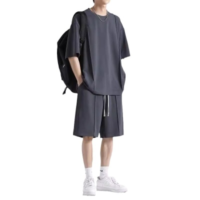 冰丝短袖T恤休闲套装男士夏季2024新款纯色运动速干情侣装两件套