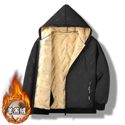 新款冬季羊羔绒外套连帽棉衣男加绒加厚东北抗寒保暖棉服棉裤套装