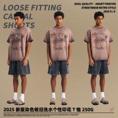 链潮男装|2025复古做旧印花短袖T恤潮牌宽松纯棉重磅短袖