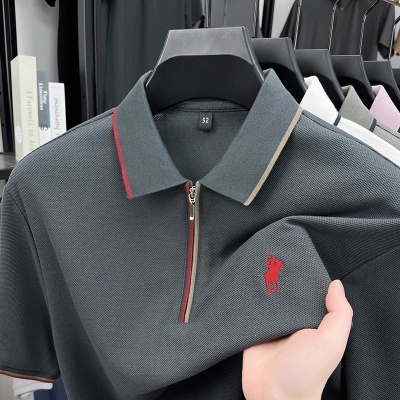 男士夏季新款半拉链时尚拼色刺绣男polo短袖中青年高端韩版休闲T