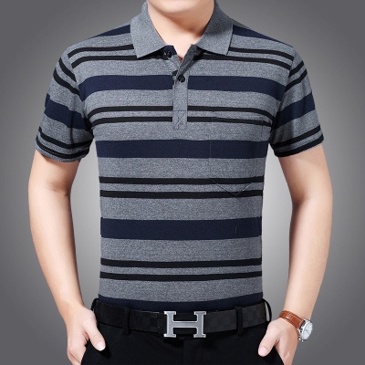 男士短袖T恤衫条纹翻领宽松休闲T恤商务休闲半袖T恤厂家直销