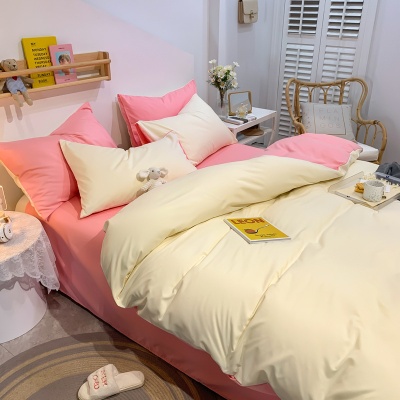 厂家批发撞色磨毛纯色床上用品四件套 简约三件套被套一件代发