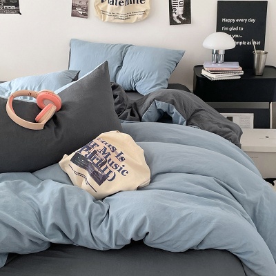 南通ins风裸睡纯棉四件套A类水洗棉纯色双拼被套床笠款宿舍三件套