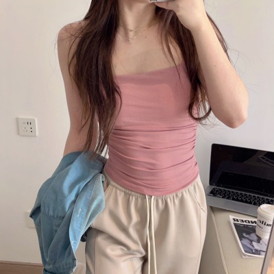 韩社百搭细肩小吊带带胸垫一体抹胸修身褶皱打底背心女外穿上衣潮