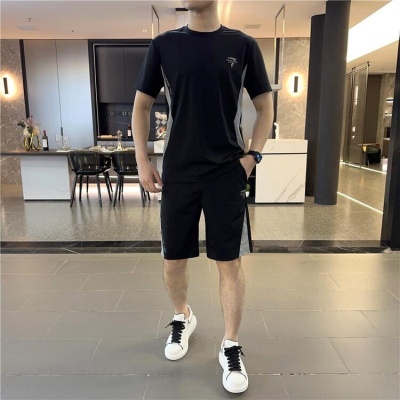 男士休闲运动套装时尚冰丝短袖短裤两件套透气跨境外贸