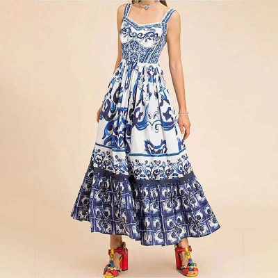 2025春季新款跨境女装波西米亚风优雅中长款大摆印花吊带连衣裙