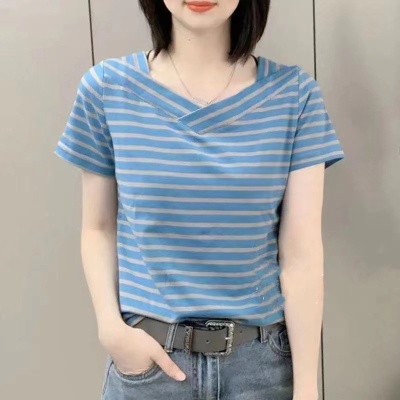 【实价】女士t恤短袖2023新款百搭显瘦宽松大码休闲条纹v领上衣女