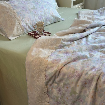 夏季新品母婴A类全棉双层纱法式大花边夏被床单四件套纯棉空调被