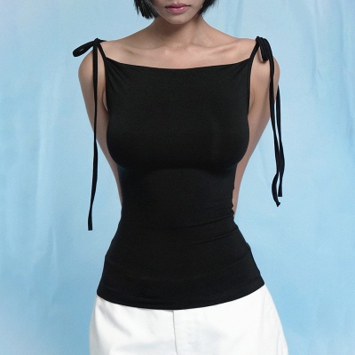 Y25TP154欧美女装夏季新款修身纯欲性感辣妹纯色收腰绑结吊带上衣
