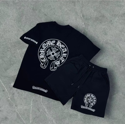 欧美T恤潮复古印花圆领短袖男士宽松纯棉宽松hiphop裤子情侣套装