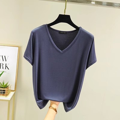 夏季纯色莫代尔v领短袖T恤女大码内搭打底衫薄款外穿韩版宽松上衣