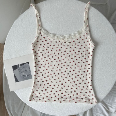 BM夏季纯欲性感碎花蕾丝蝴蝶结吊带背心女时尚修身显瘦内搭上衣