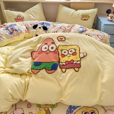 A类ins风超柔云朵棉毛巾绣四件套少女心全棉被套大学生宿舍三件套