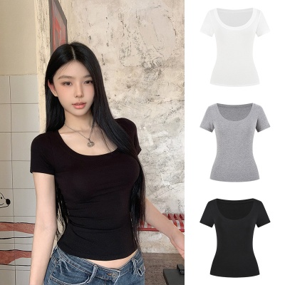 纯棉简约u领短袖正肩T恤女装夏季2025新款修身显瘦打底衫气质上衣