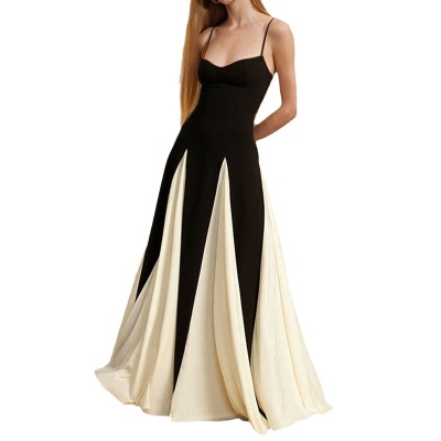 2025春季速卖通欧美女装时尚气质吊带撞色宽松大摆度假收腰连衣裙