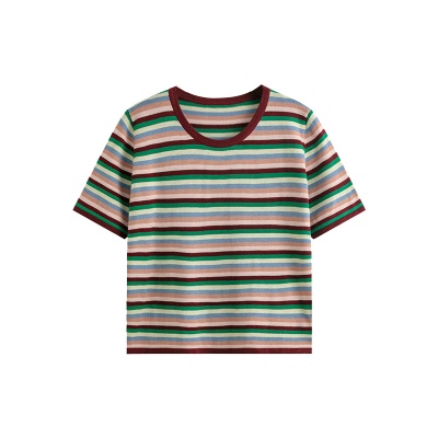 大码女装彩色条纹上衣女针织衫2025夏款胖mm宽松显瘦短袖t恤22837