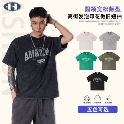 RJ男装洗水夏季新款短t男半袖宽松大版oversize潮牌男女同款短袖