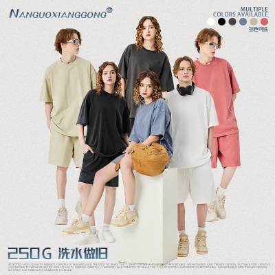 男装|复古做旧工艺高街水洗短袖男士t恤潮牌宽松纯棉圆领情侣上衣