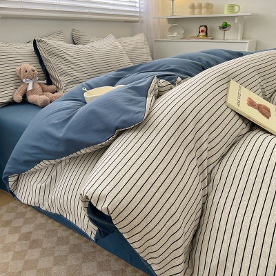 ins风格子纯棉四件套A类母婴级裸睡款床单被套纯色床上用品三件套