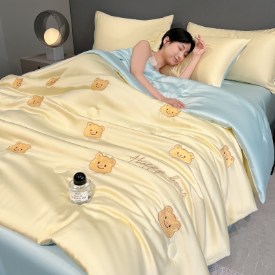 卡通刺绣小熊冰丝夏凉被床上四件套夏季丝滑裸睡空调被子床单床品