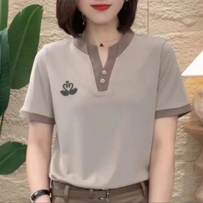 简约显瘦时尚撞色小天鹅夏季短袖T恤衫韩版百搭休闲气质洋气上衣