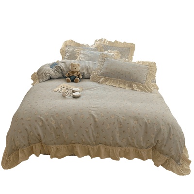 法式全棉床上四件套韩版花边纯棉被套床单被罩三件套南通家纺床品