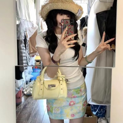 【裙子+上衣】韩系白色正肩短袖显瘦T恤小碎花半身裙女高腰A字裙