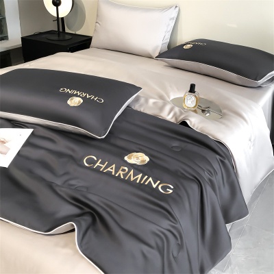 凉感真丝刺绣夏被四件套轻奢风可水洗空调被透气亲肤撞色滚边套件