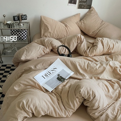 ins纯色A类母婴级水洗棉床上四件套可裸睡床单被套床笠学生三件套