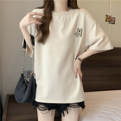 欧美风外贸短袖T恤女夏装宽松大码绣花字母半袖外穿打底衫上衣