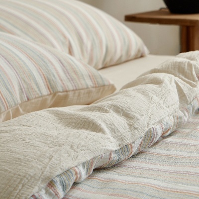 ins风彩色条纹色织提花全棉双层纱四季裸睡床上用品纯棉被套床单