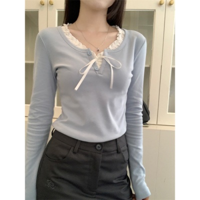 藏蓝色三粒扣上衣女美式复古bm修身短款罗纹长袖打底衫T恤女秋冬