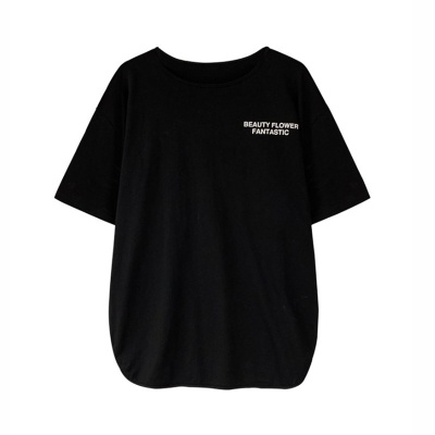 白色开叉T恤女大码中袖中长款潮流字母夏季简约圆领套头上衣女潮