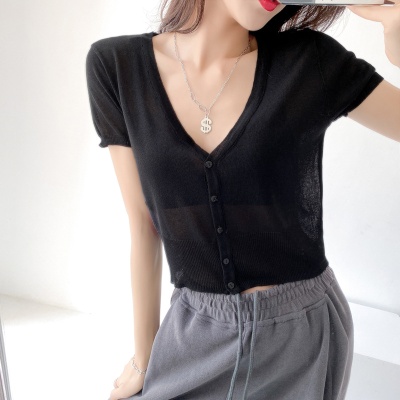 冰丝针织开衫女夏薄外套新款短袖穿搭韩版宽松纯色小空调防晒衣潮